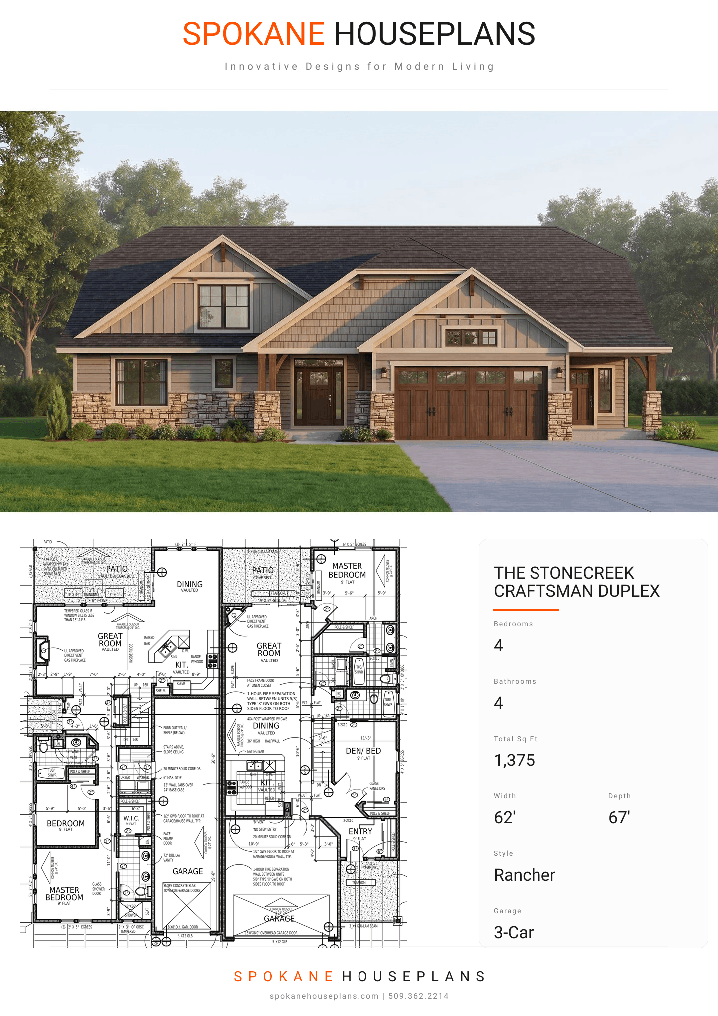 THE STONECREEK CRAFTSMAN DUPLEX plan flyer
